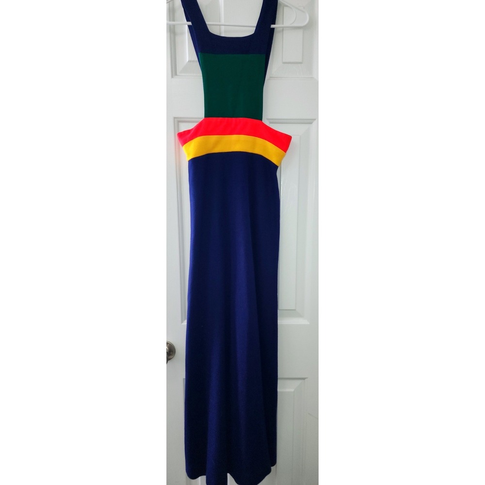 Vintage Misty Lane Color Block Maxi Dress Blue Green Red Yellow Knit Sleeveless